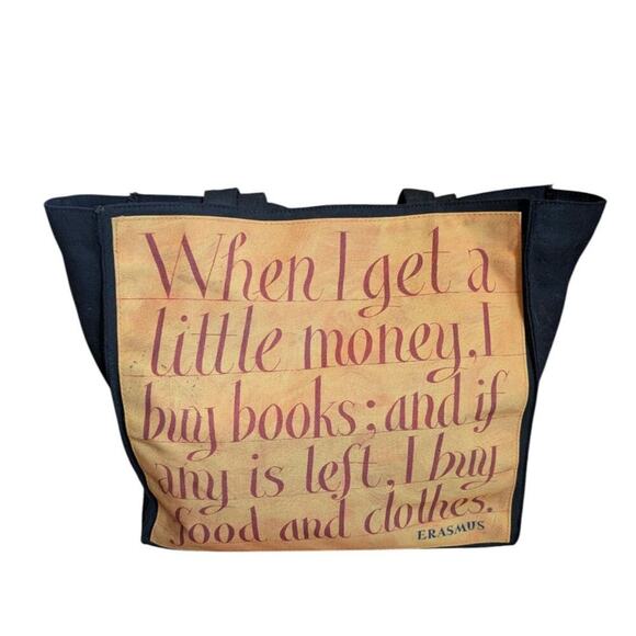 Barnes & Noble Canvas Tote Bag Zip Compartment Book Lover's Quotes Black Bag - Picture 8 of 9